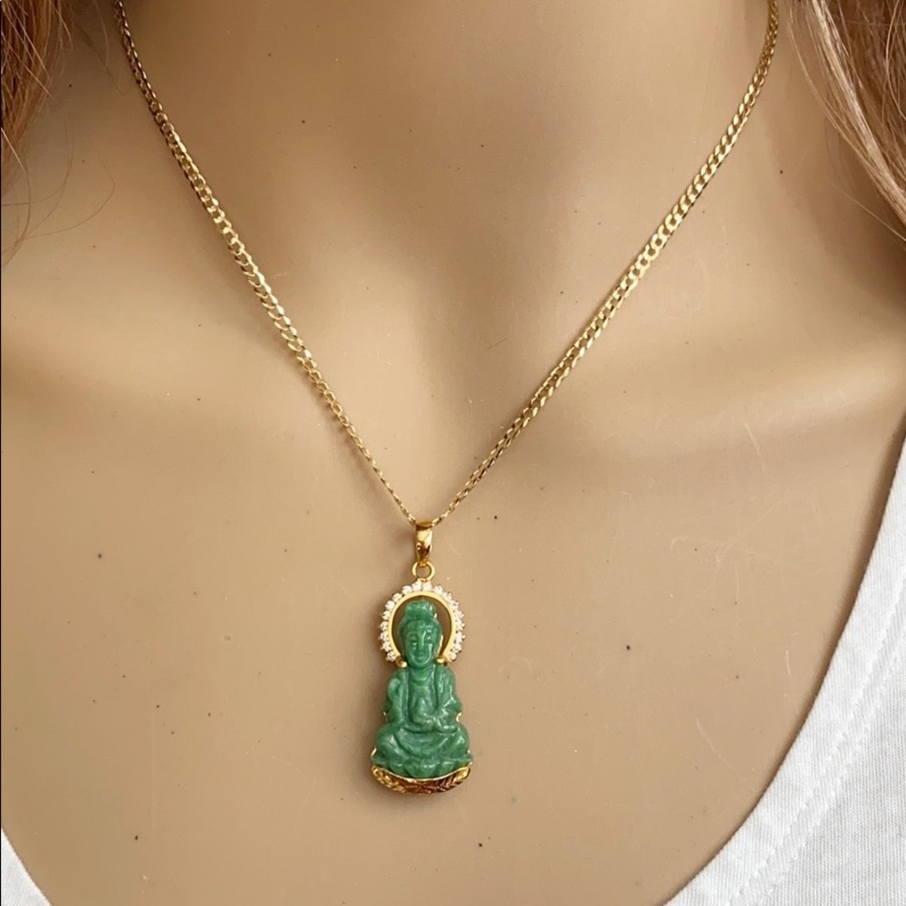 14K Real Gold Guanyin Kwan Yin Buddha Jade Pendant